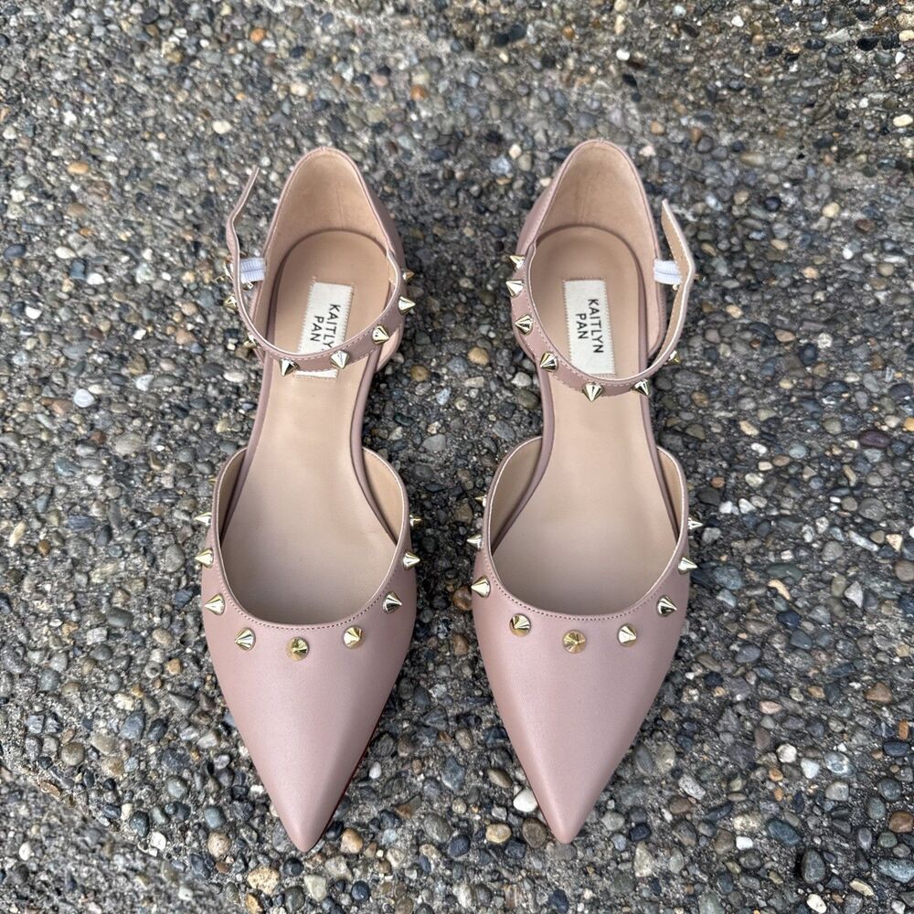 Kaitlyn Pan Patent Leather Flats Shoes Spiky D’orsay Pointed 8 Gold Stud